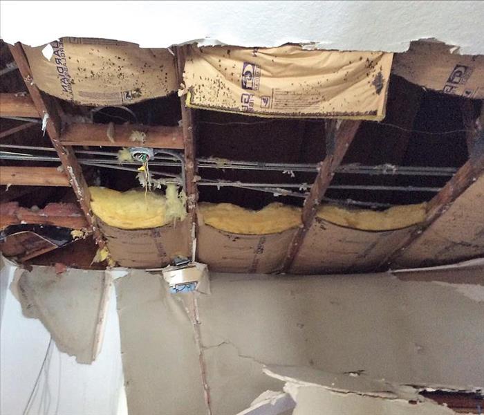 Removed Sheetrock from a soaked ceiling revealing the ceiling joists and trusses