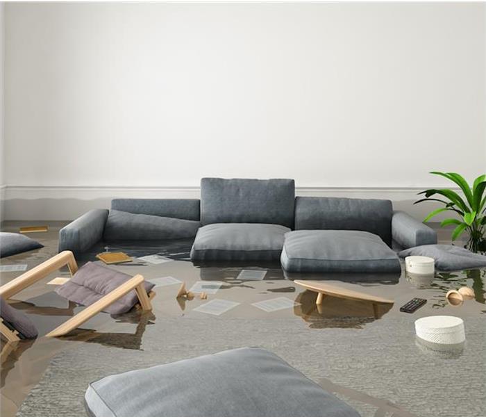 Flood damaged living room; furniture floating